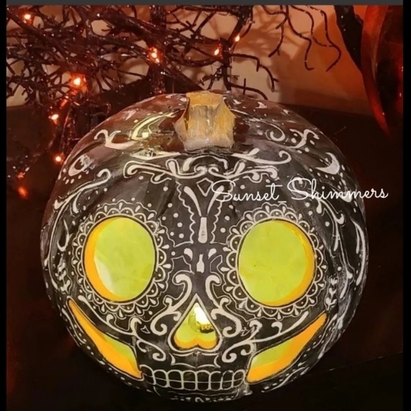 Martha STEWART LARGE LED SUGAR SKULL PUMPKIN FALL HALLOWEEN DAY OF DEAD DECOR - Picture 7 of 9